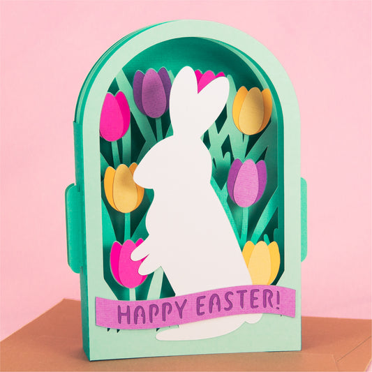 Standing Easter Bunny in Tulips Card - 3D Easter Card SVG
