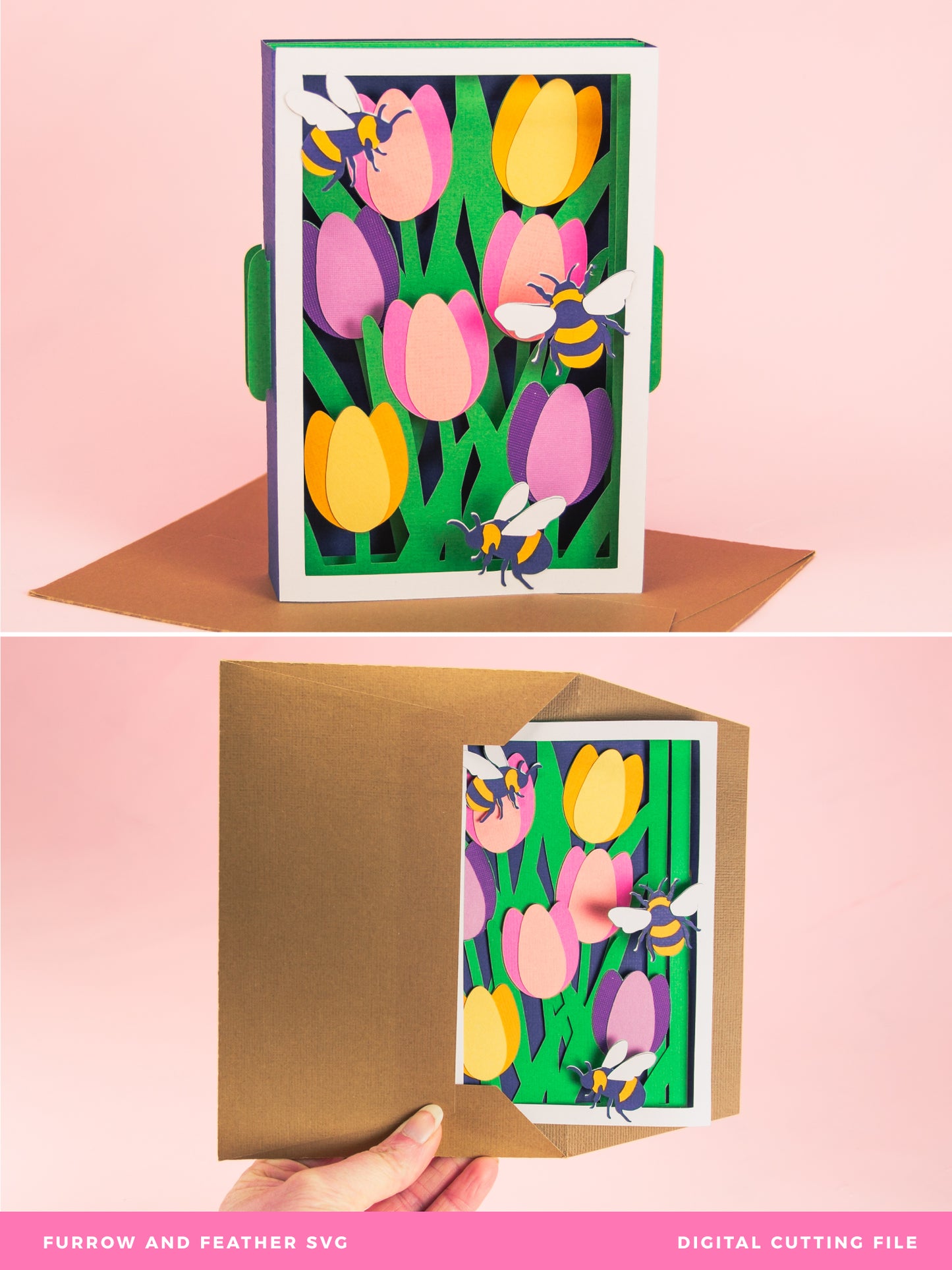 Tulips with Bumblebees Card - 3D Card SVG