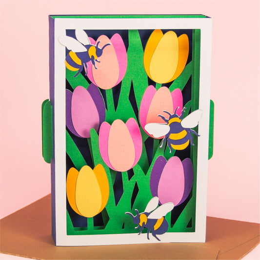 Tulips with Bumblebees Card - 3D Card SVG