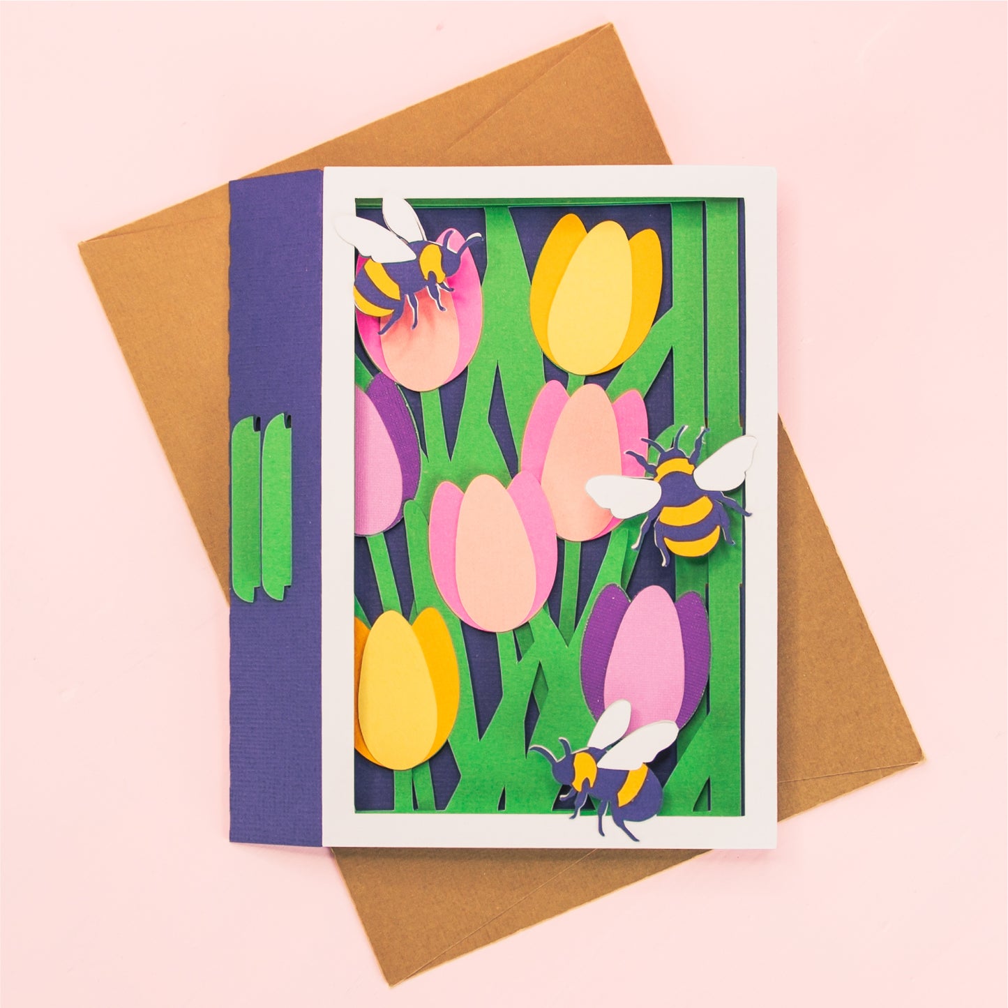 Tulips with Bumblebees Card - 3D Card SVG