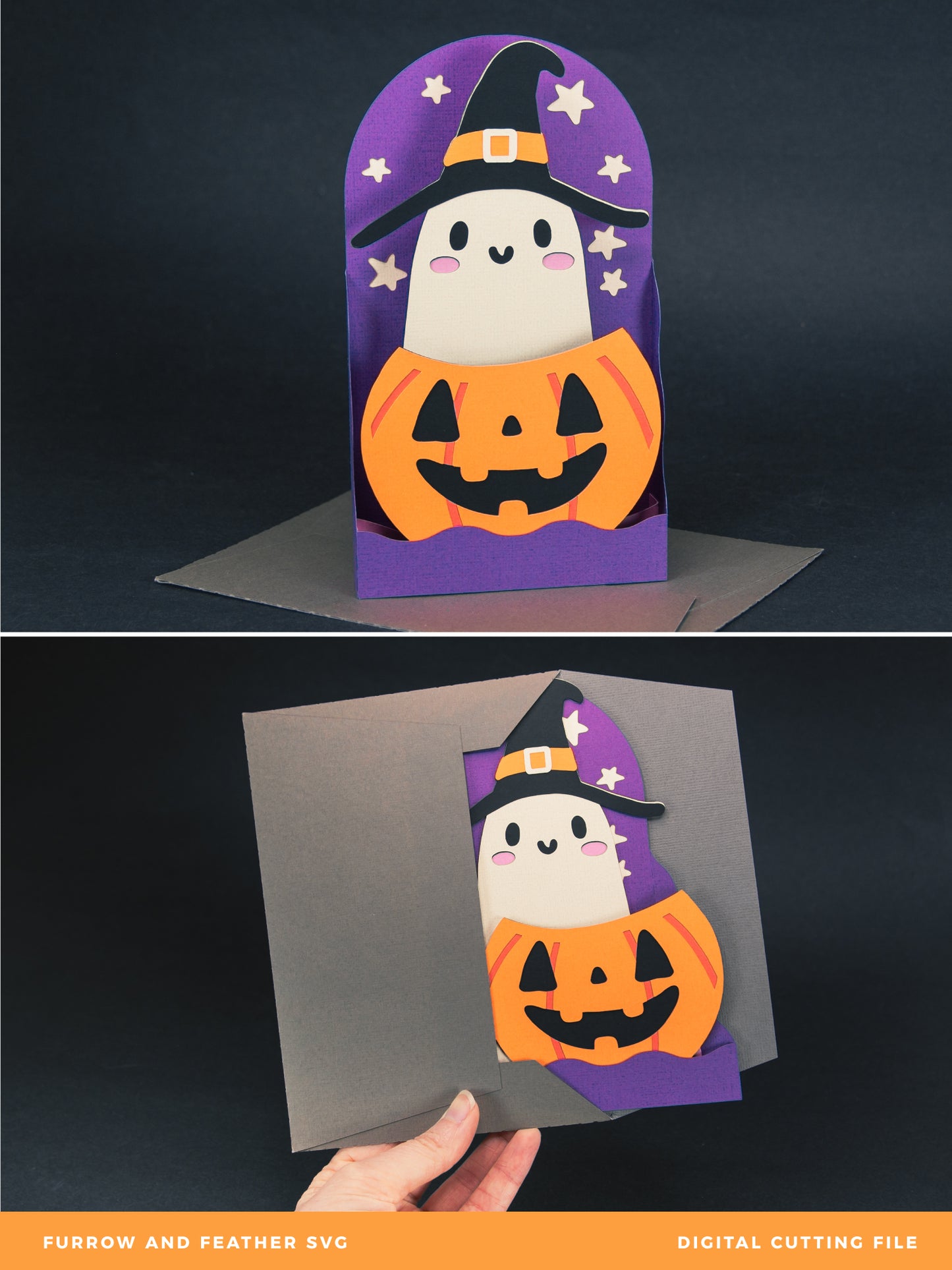 Witchy Ghost in Pumpkin Card - 3D Halloween SVG