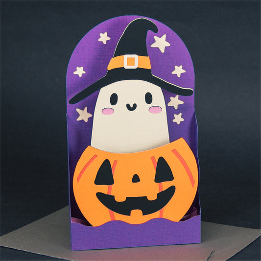 Witchy Ghost in Pumpkin Card - 3D Halloween SVG