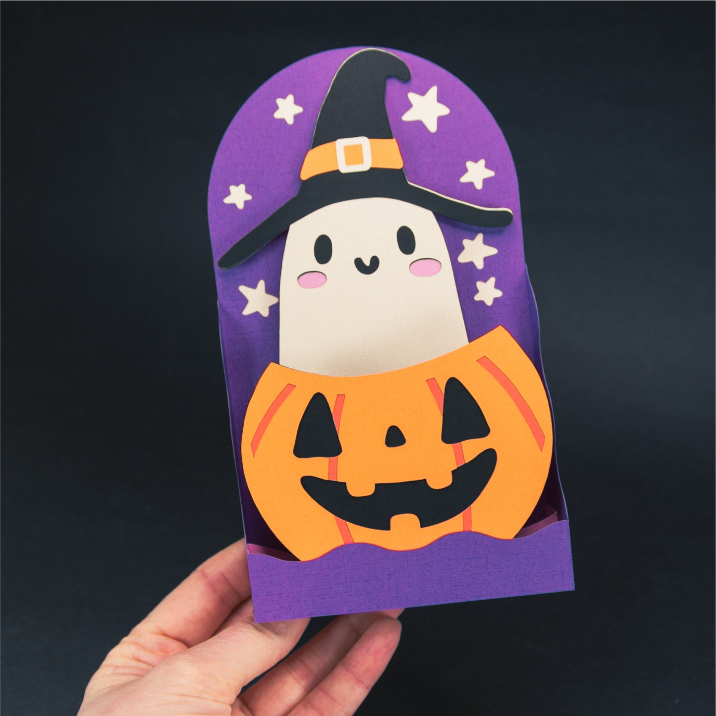 Witchy Ghost in Pumpkin Card - 3D Halloween SVG