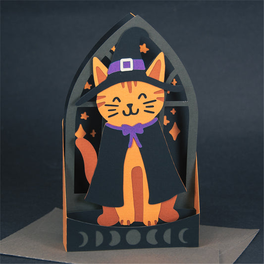 Witchy Halloween Kitty Card - 3D Halloween SVG