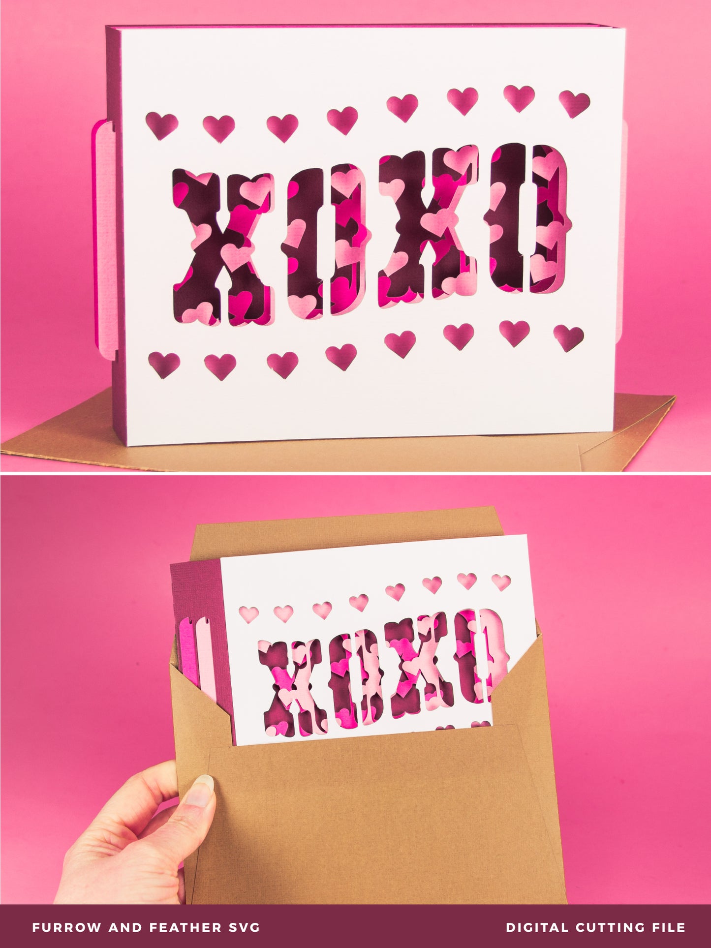 XOXO Wavy Shadowbox Card - 3D Valentine's Day Card SVG